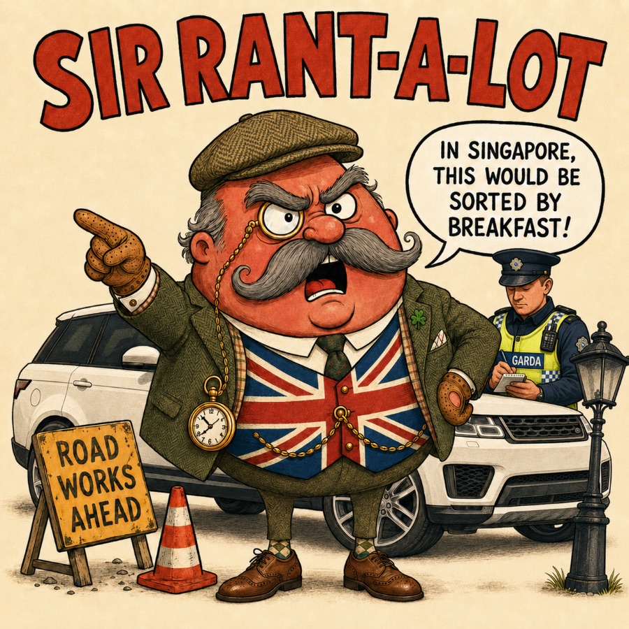 Sir Rant-a-Lot, a caricature portrait of Galen — tweed, monocle, Union Jack waistcoat, ranting beside a Range Rover, roadworks and a Garda